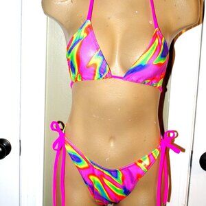 Bikini set hologram neon swirls, beach swimwear size medium handmade